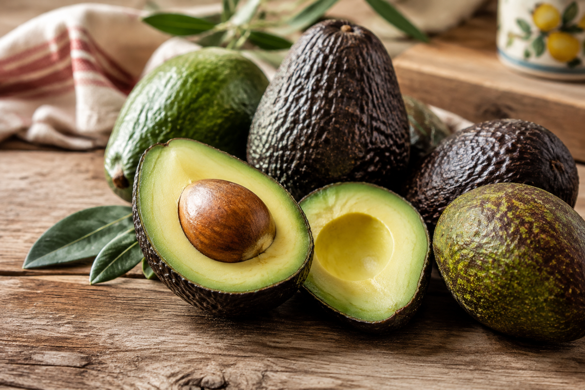 Avocado a diversi stadi di maturazione su tavolo rustico